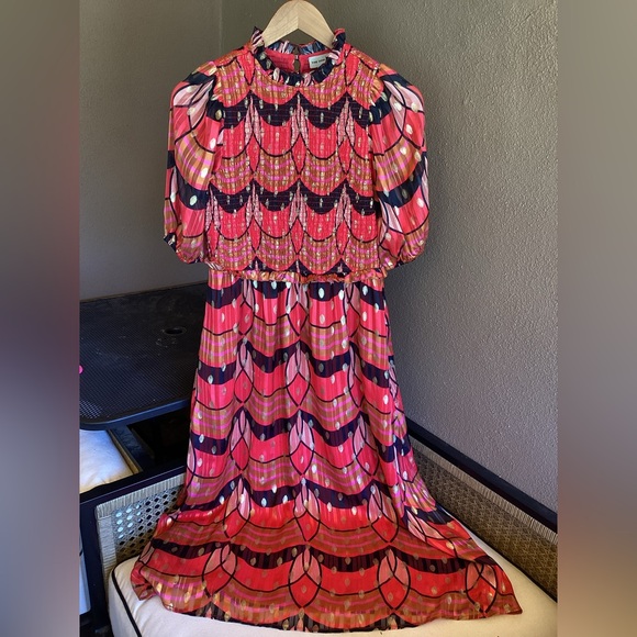 The Odells Metallic Mock Neck Long Sleeve Tiered Midi Cocktail Dress - Picture 2 of 6